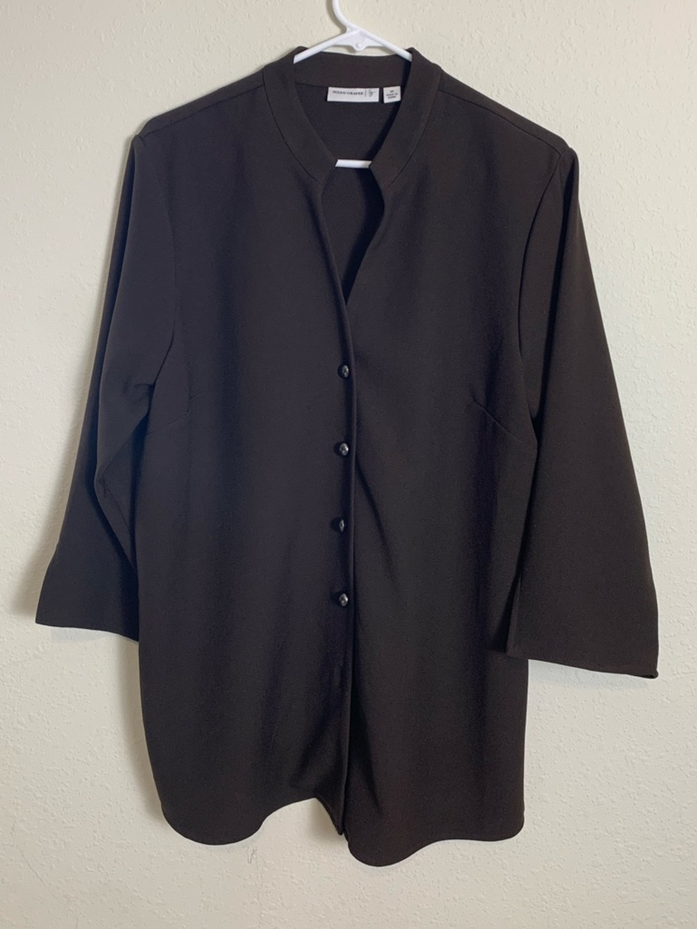 Susan Graver Dark Brown Mandarin-Collar Button Front Medium‎
